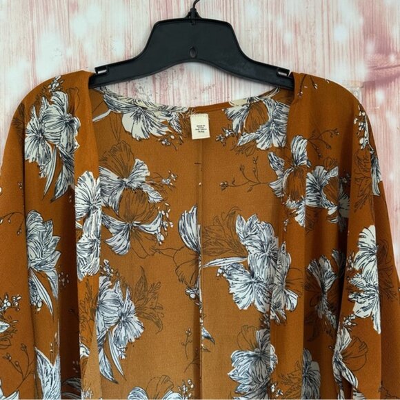 Unbranded Mustard Floral Print Open Front Kimono Top Size S/M - Picture 2 of 8